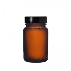 Tarro Pharmapac de vidro ámbar de 60 ml e tapón de urea negra de 38 mm
