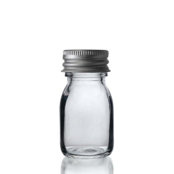 30 ml sirupsflaske av klart glass og aluminiumslokk