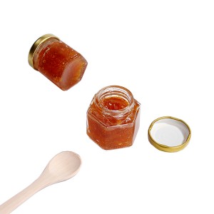 45 ml šesťhranná 1,5 oz priehľadná sklenená nádoba na med s otočným alebo bambusovým viečkom