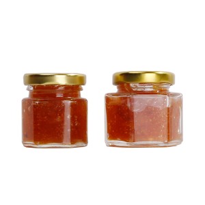 Barattolo in vetro trasparente color miele da 45 ml esagonale da 1,5 once con coperchio twist-off o in bambù