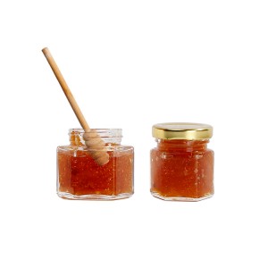 Tarro de vidro de mel transparente hexagonal de 45 ml de 1,5 oz con tapa giratoria ou de bambú