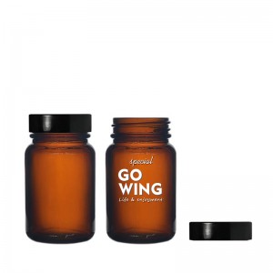 Amberkleurige glazen Pharmapac-pot van 60 ml en zwarte ureumdop van 38 mm