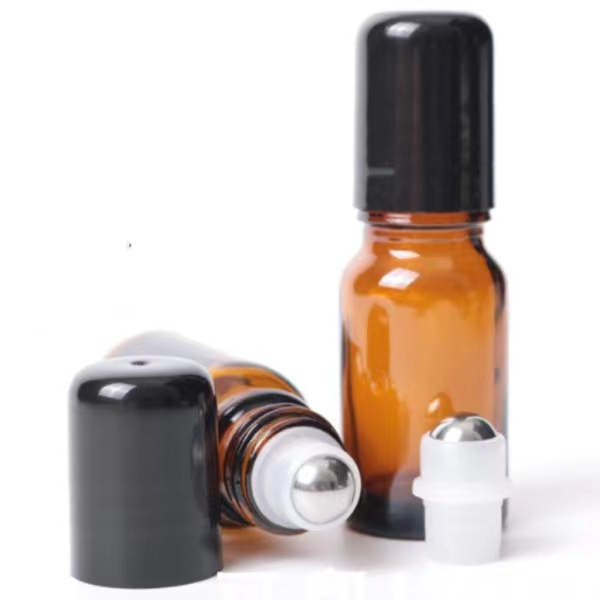 Amber Roll-on Bottles with Roller Balls and Caps