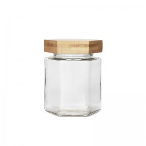 45 ml šesťhranná 1,5 oz priehľadná sklenená nádoba na med s otočným alebo bambusovým viečkom
