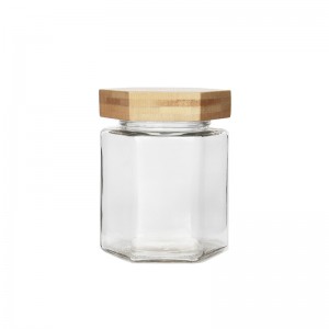 45 ml sešstūraina 1,5 unces caurspīdīga medus stikla burka ar noņemamu vai bambusa vāku