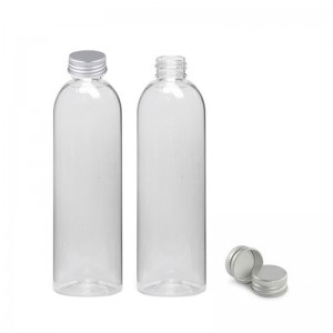 Ampolla ovalada de PET transparent de 250 ml i tapa d'alumini de 24 mm