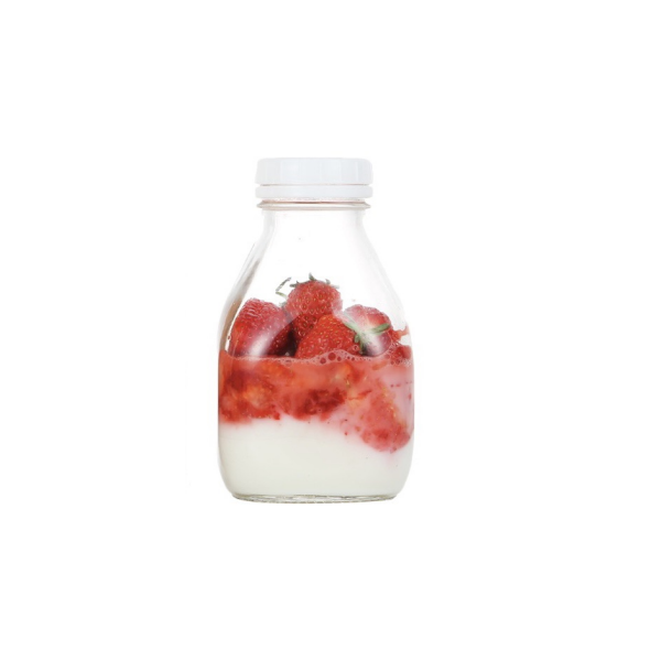 Shishe qumështi prej 340 ml në formë katrore me kapak plastik