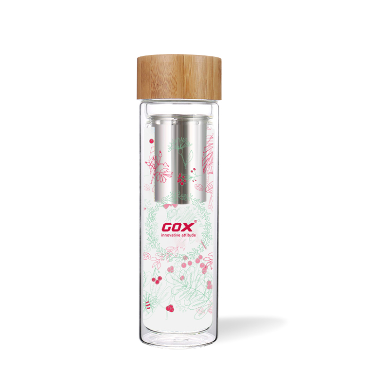 GOX China OEM Glass Water Bottle With Tea Infuser And Bamboo Lid