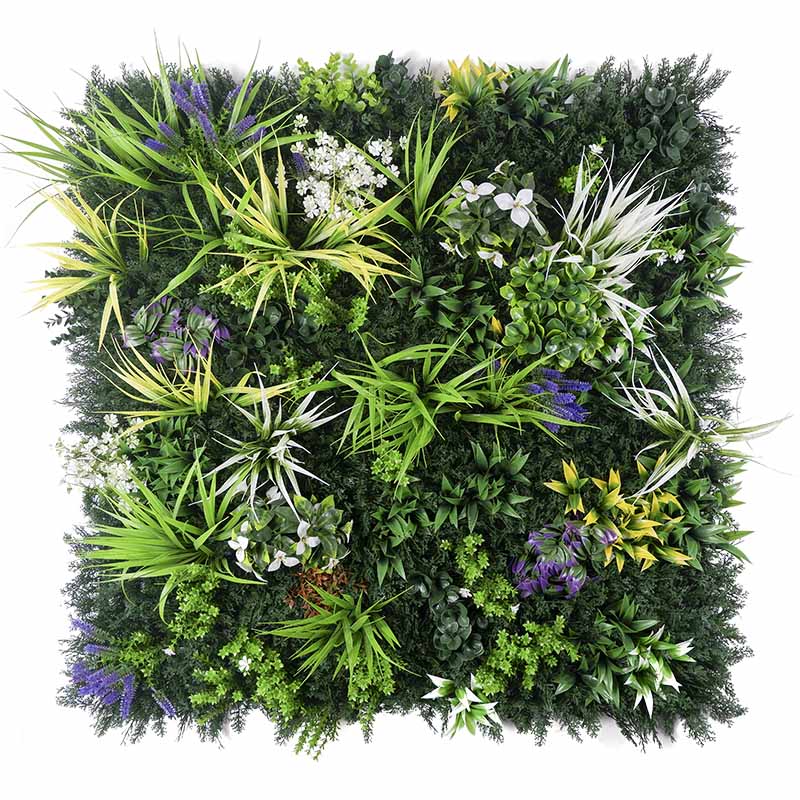 Artificial Vertical Green Wall With White And Purple Flowers Featured Image