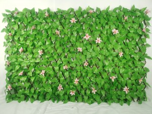 Trellis di giardinu in espansione in legnu, foglie di salice artificiale è siepi di fiori