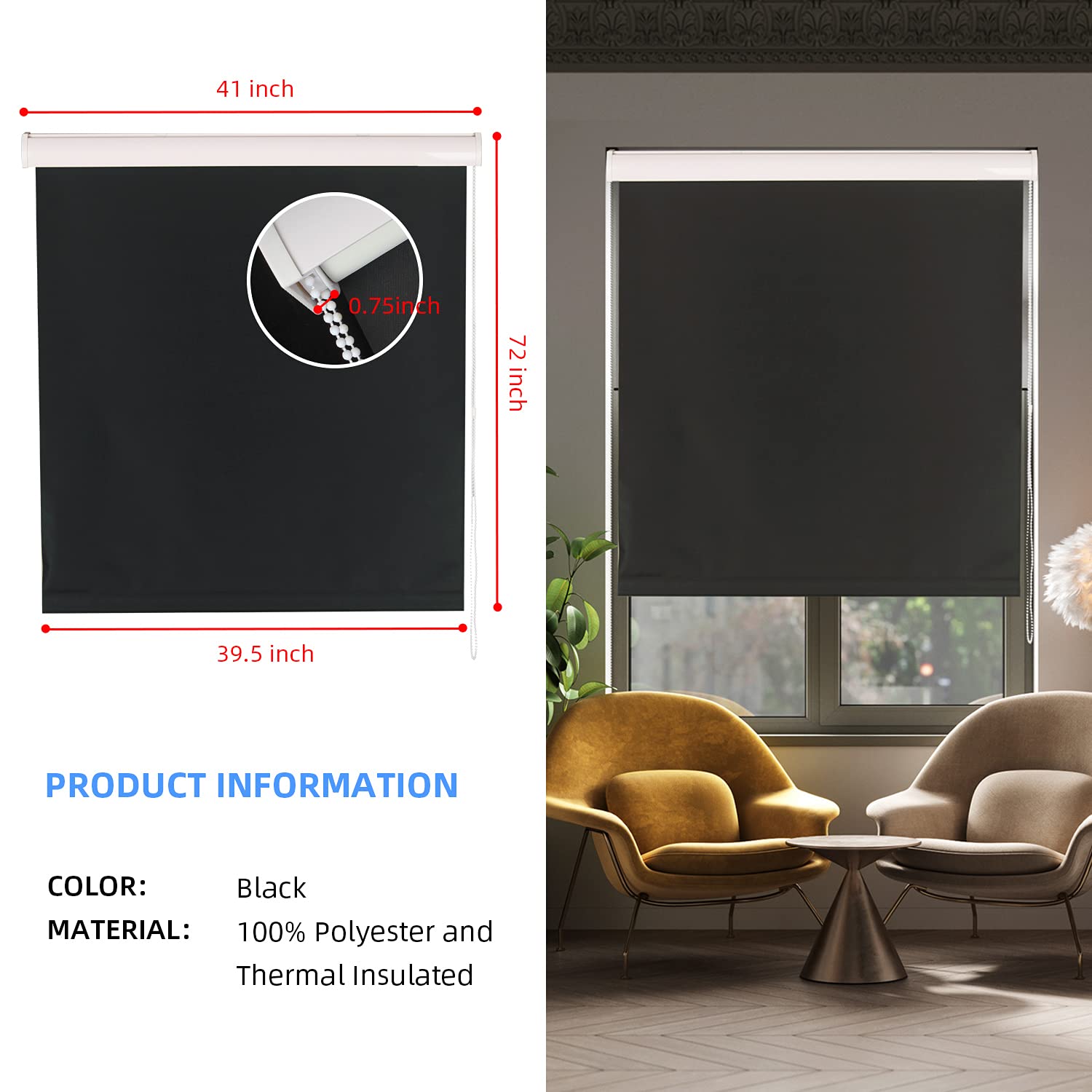 Roller Blinds for Windows Blackout Waterproof Fabric Thermal Insulated, UV Protection , Window Shades Perfect for Living Room, Office, Bathroom and More, Easy to Install