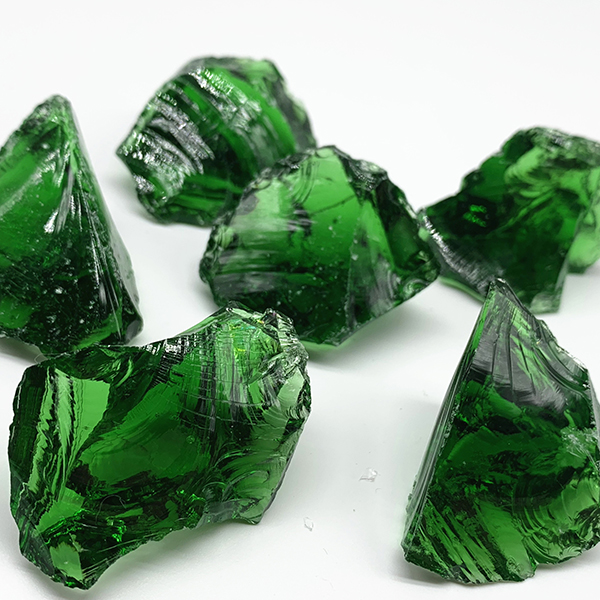 Glass green color rocks and block for decorate the garden and fire in pot