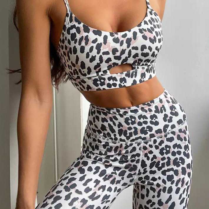 2022 New Wholesale Seamless Leopard Print Yoga Wear Women Sling Sports Bra Yoga Pants 2 Piece High Elastic Yoga Set