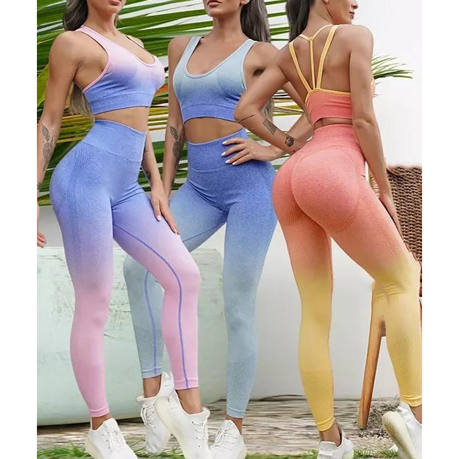 2022 Ribbed Plus Size Sports 2 Piece Seamless Yoga Set Gym Wear Fitness Gradient Color Leggings And Bra Yoga Set For Women