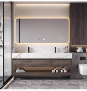 کابینت حمام دو طبقه و کابینت تمام آلومینیومی با طرح چوب جامد بهترین انتخاب به عنوان مبلمان حمام با رنگ چوب است.