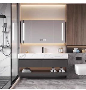 Het dubbeldeks badkamermeubel en de geheel aluminium kast in massief houten patroon zijn de beste keuze als badkamermeubel in houtkleur