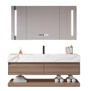 Het dubbeldeks badkamermeubel en de geheel aluminium kast in massief houten patroon zijn de beste keuze als badkamermeubel in houtkleur