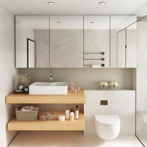 Алуминиумски дрвен мебел, дрвен мебел за бањи, пловечка шкафче за бања, алуминиумски кабинет за бања со дрвен принт, алуминиумска суета со зрно дрво