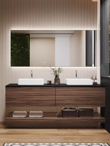 Прилагодено гардероба за бања и модерна суета за бања со огледало Најдобар избор за шкаф за бања отпорен на влага и суета со двоен мијалник