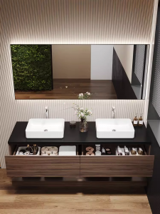 Toucador de banheiro personalizado e toucador de banheiro moderno com espelho A melhor escolha para armário de banheiro à prova de umidade e pia dupla