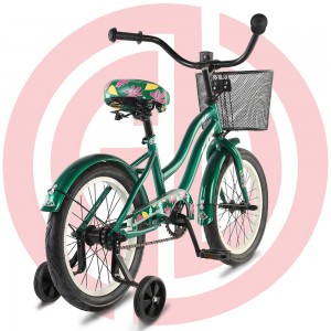 GD-KB-007： Kid bike with training wheels and basket for perfect gift, green bike, kids bike