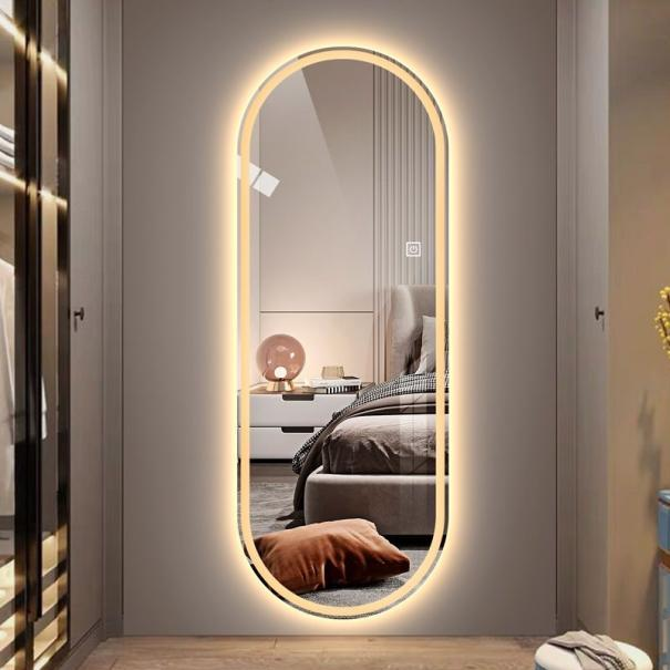 Modern Home Decor Oval Touch Screen Waterproof Defogger Dimmable Full Length Mirror With Led Light For Bathroom