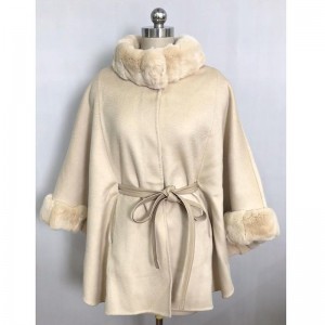 2022 new style wholesale Real Rex Rabbit Fur Collar Winter Belted Cashmere Wool Clothes for Ladies and Women Trench Coat