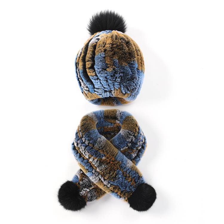 HT1049 KNITTED STRETCHY REX RABBIT SCARF AND HAT
