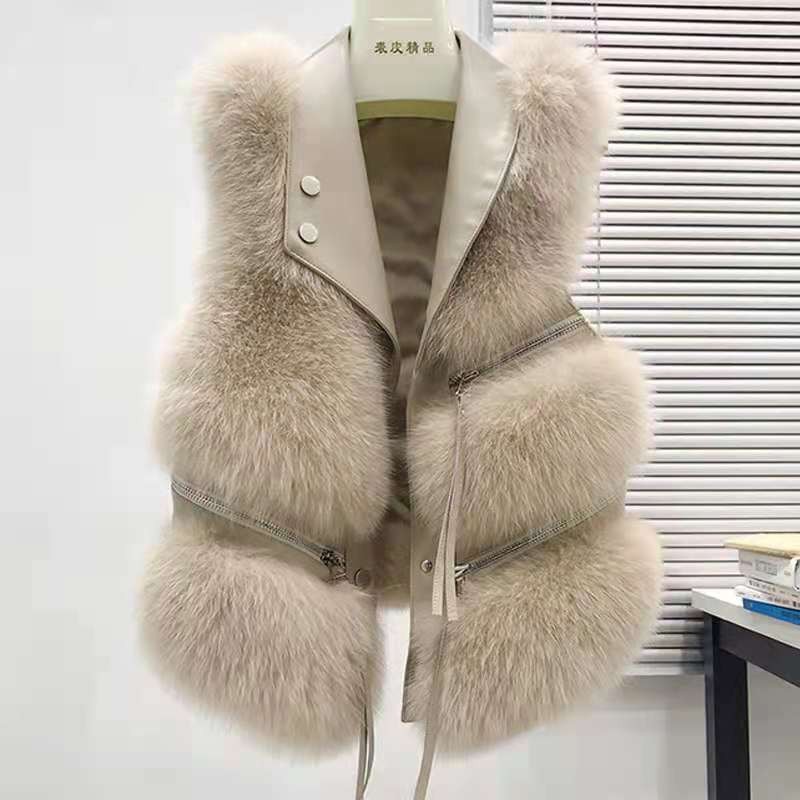 HFK0427  FAUX FUR AND FAKE LEATHER VEST-62CM