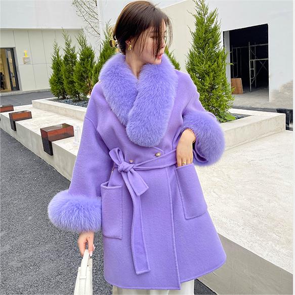 HG7491WOOL COAT WITH FOX TRIM 90% WOOL 10%CASHMERE-86CM