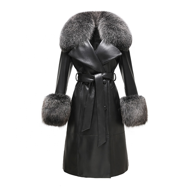 HG7632 REAL LEATHER TRENCH FOX FUR COLLAR COAT-94CM