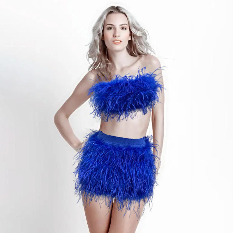HG7635  Backless Summer Top Women Fur Wrap Ostrich Feather Top Skirt Set