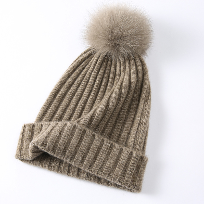 HT1233 95% CASHMERE 5%WOOL KNIT HAT WITH FOX POM