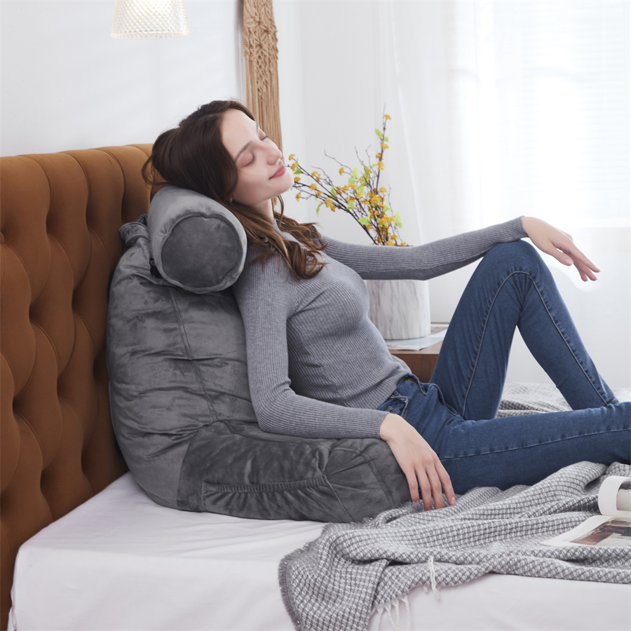 OEM Famous Neck Support Pillow Manufacturers –  Reading & Bed Rest Pillow with Support Arms, Pockets, Shredded Memory Foam Queen Bed Rest Pillow with Detachable Neck Roll – HANYUN