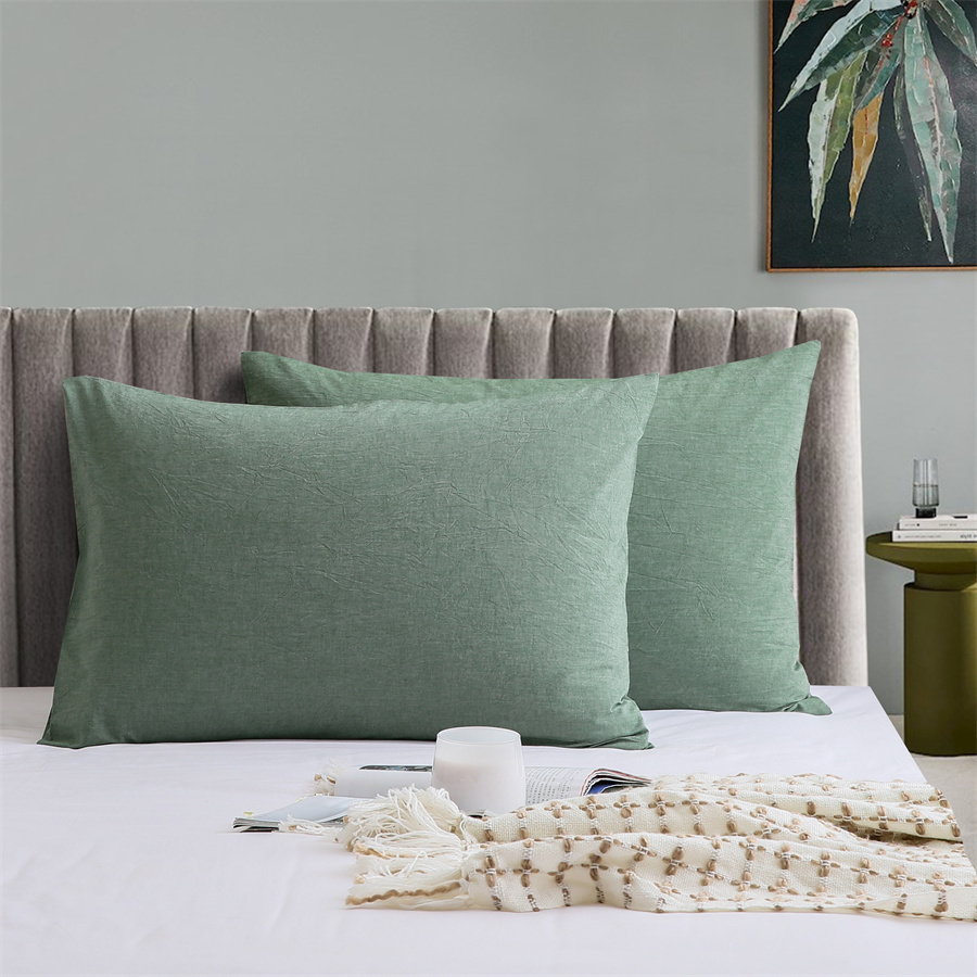 100% Washed Cotton Green Pillowcase Pillow Cases Set of 2 with straight-tube Closure