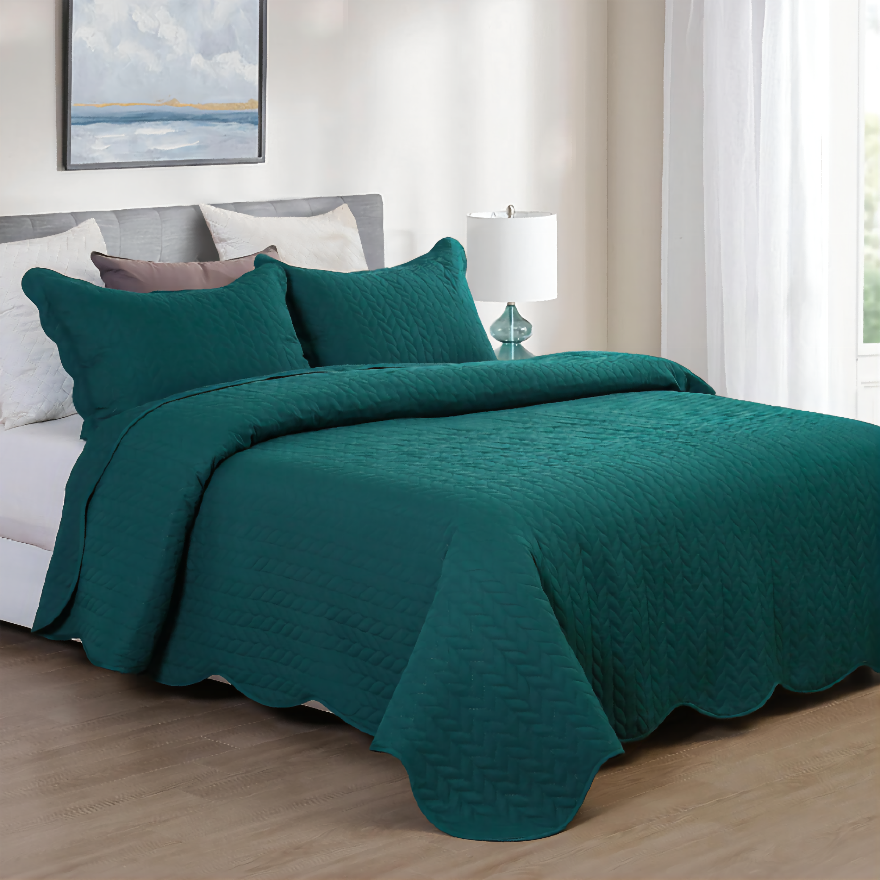 China wholesale Peach Bedding Factory –  All Season Quilt Set 3 Piece Bedspread Coverlet Set Emerald Green – HANYUN