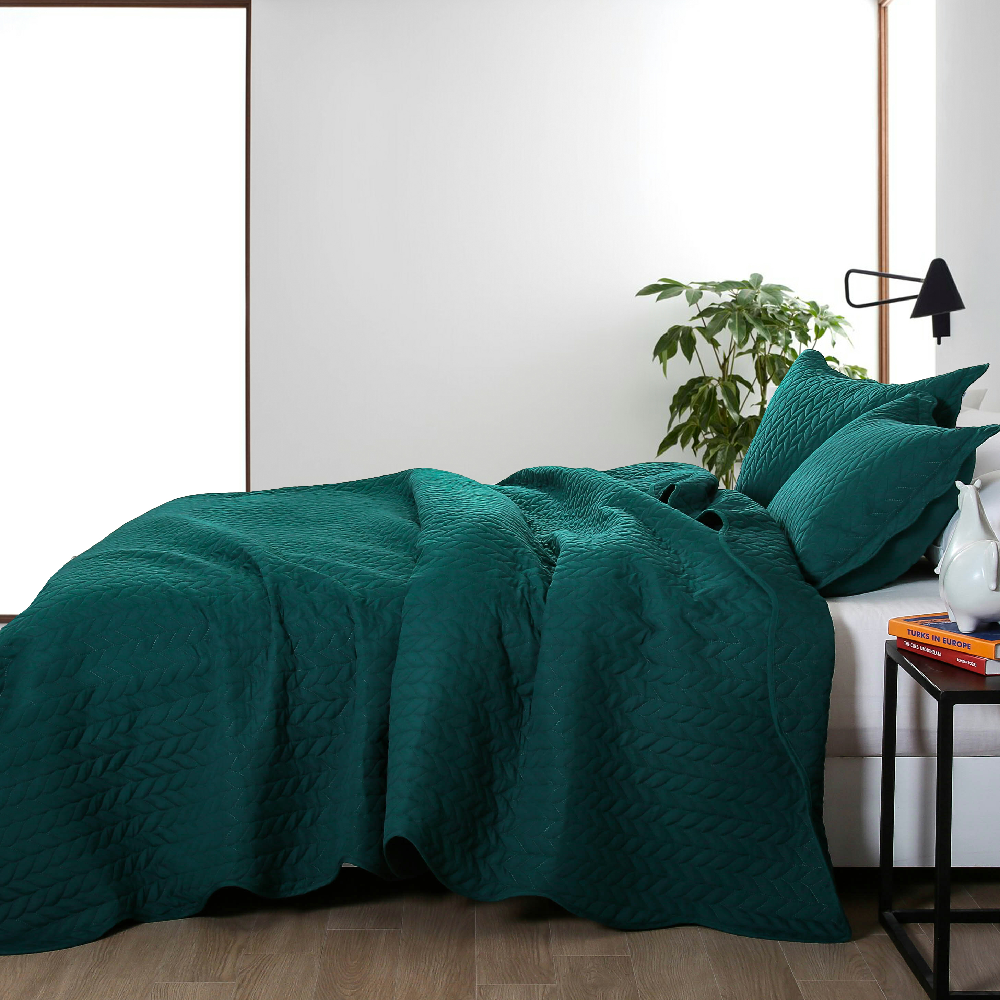 All Season Quilt Set 3 Piece Bedspread Coverlet Set Emerald Green