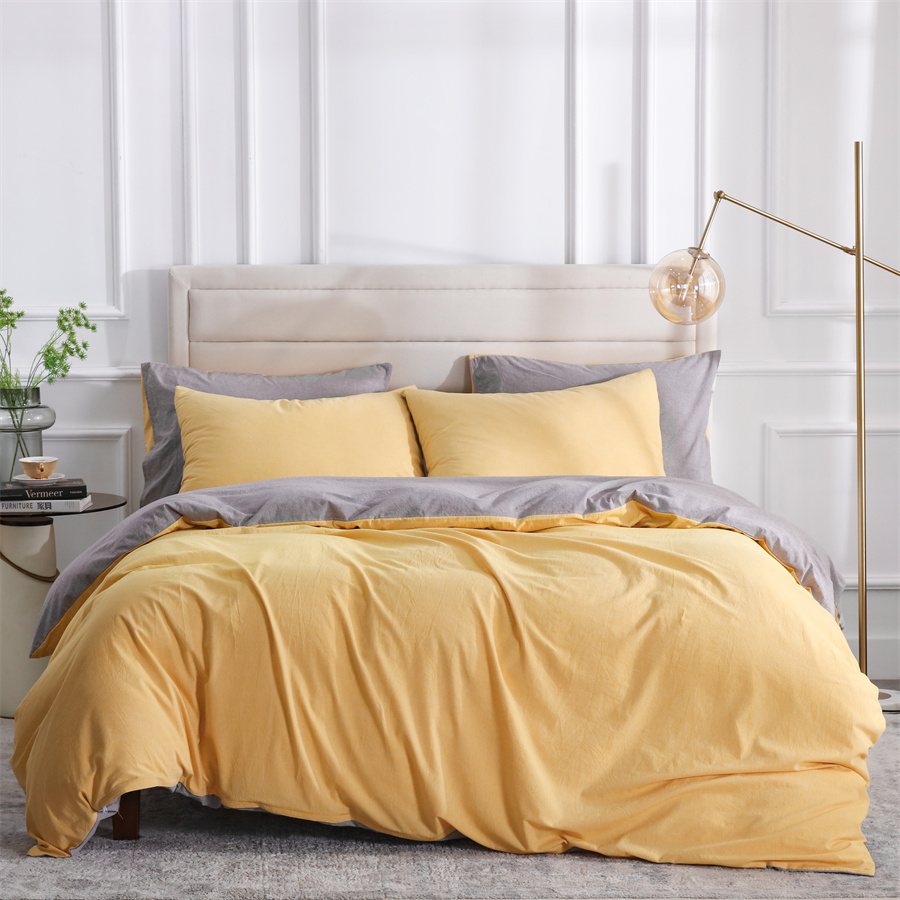 Reversible Duvet Cover Set,100% Washed Cotton Light Yellow Grey 3 Piece Bedding Set