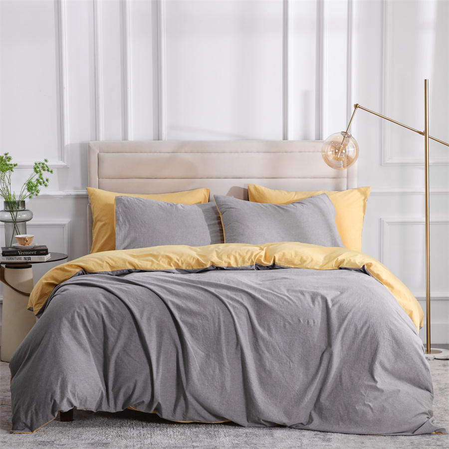 China wholesale Down Duvet Insert Supplier –  Reversible Duvet Cover Set,100% Washed Cotton Light Yellow Grey 3 Piece Bedding Set – HANYUN