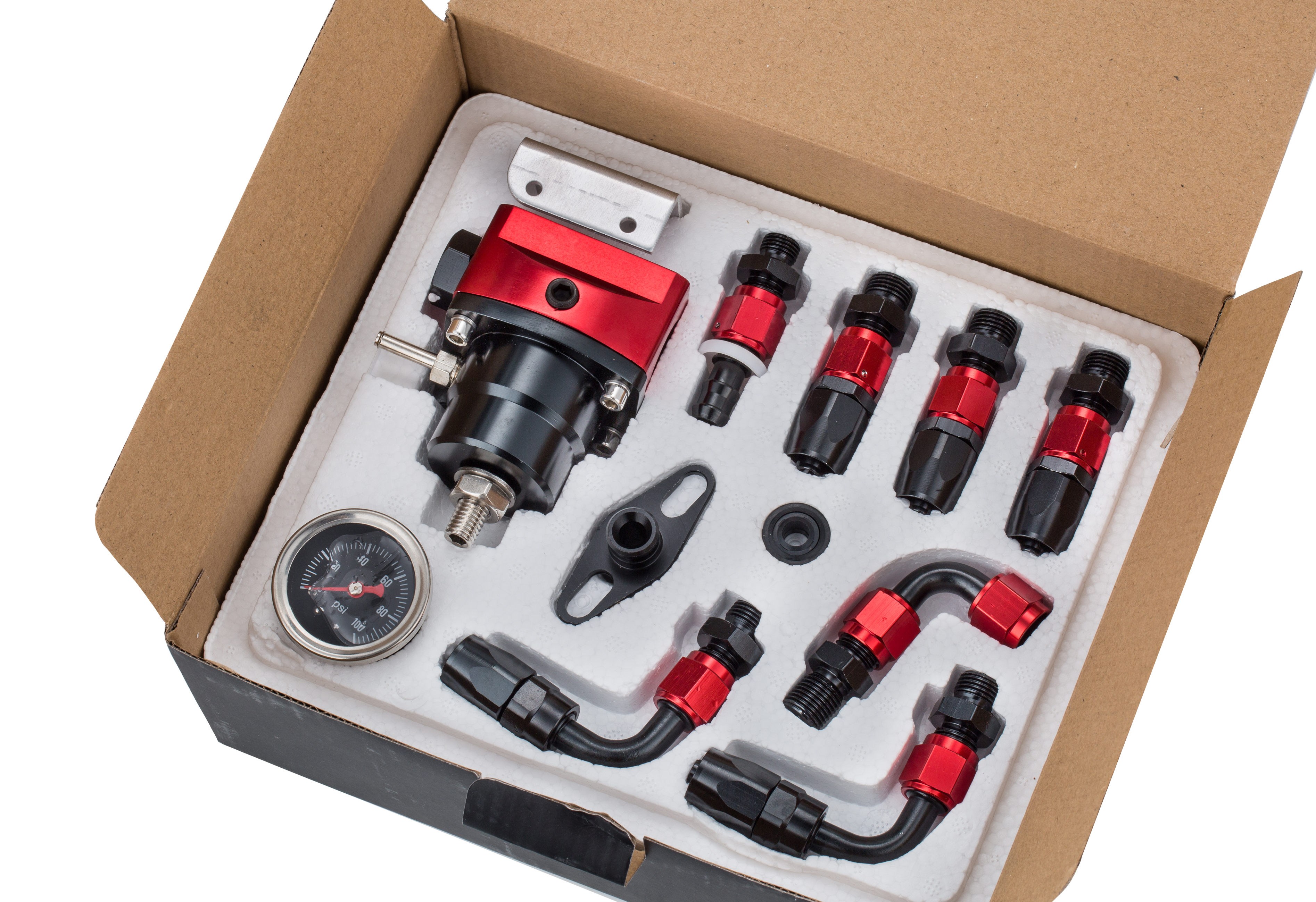 HaoFa 30-70psi Adjustable EFI Fuel Pressure Regulator Bypass Return Kit Universal with Pressure Gauge and 6AN ORB Adapter Aluminium Black&Red