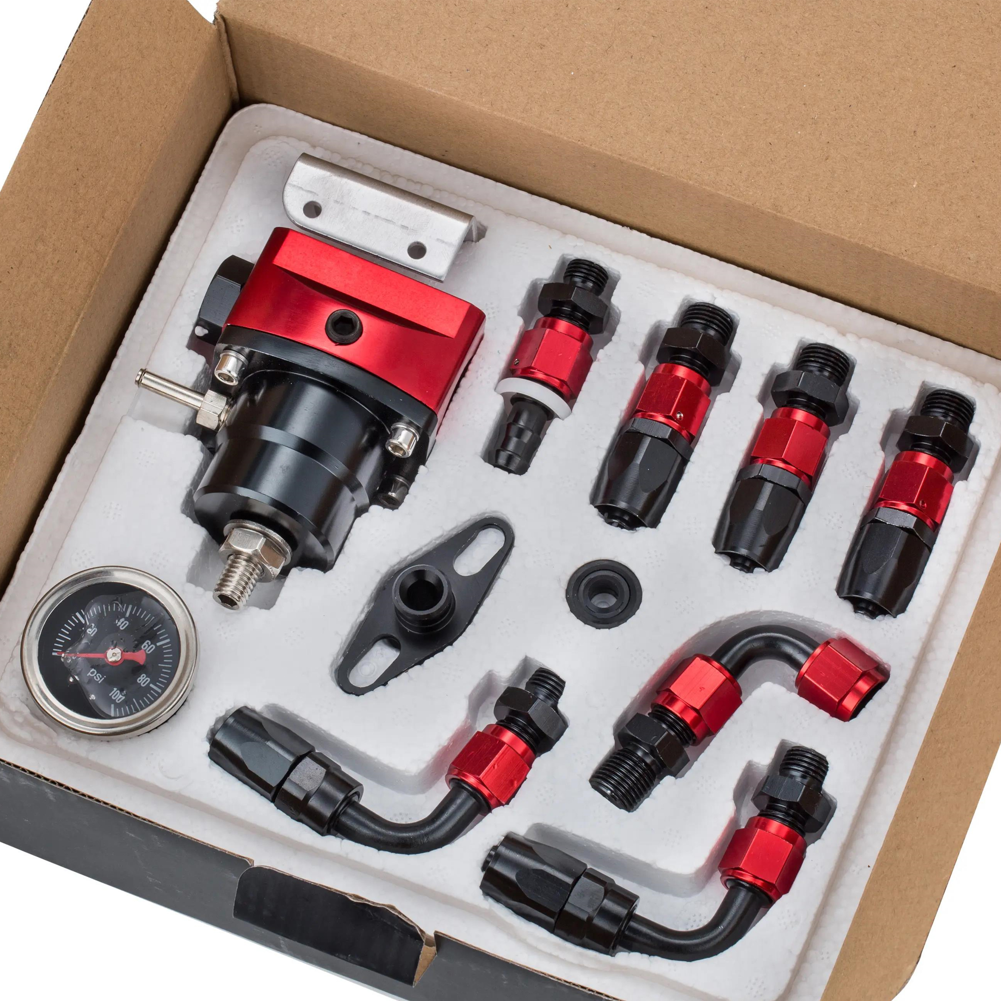 HaoFa 30-70psi Adjustable EFI Fuel Pressure Regulator Bypass Return Kit Universal with Pressure Gauge and 6AN ORB Adapter Aluminium Black&Red