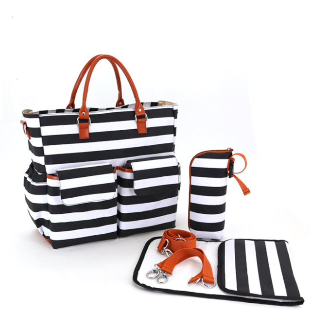 Baby Diaper Bag Black and White Stripe Cotton Canvas with Changing Pad Milk Bottle Bag and 2 Stroller Straps