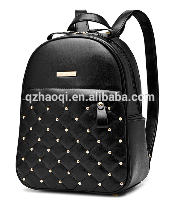 Wholesale promotion waterproof fashion black nylon girls college  pu leather beautiful girl backpack