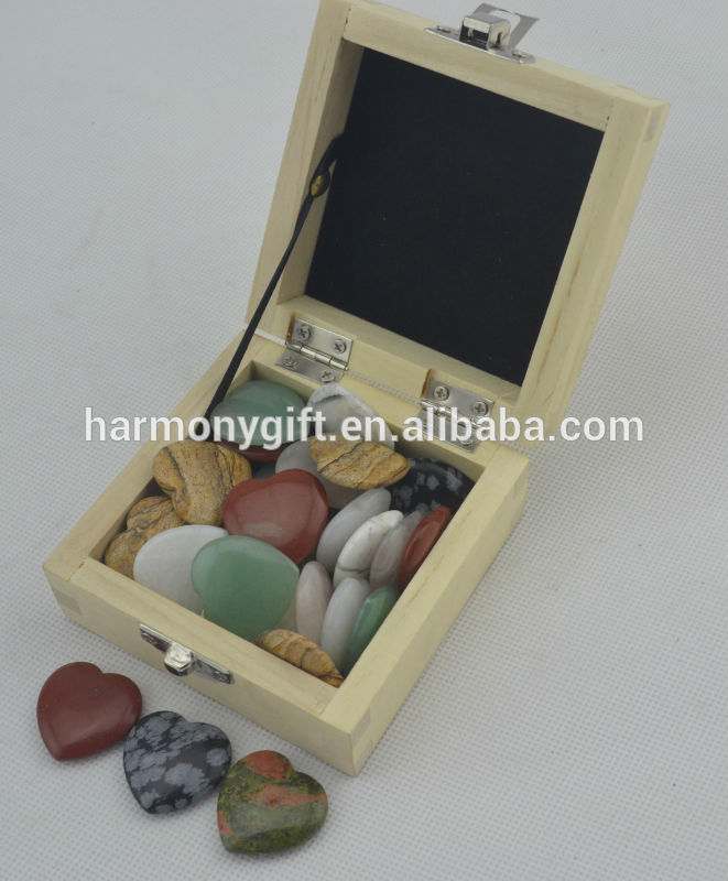 36pcs semi-gem stone hearts in a wooden box