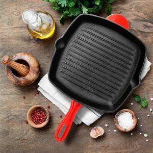 Enamelled Cast Iron Grill Pan for Frying and Grilling Meat and Vegetable
