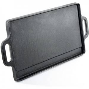 Non-Stick Cast Iron Reversible Griddle Plate Pan Double Sided for BBQ & Hob Cooking with Non-Stick Ridged and Flat Surfaces and Drip Tray