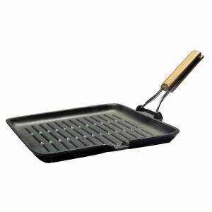 Square Griddle Pan with Folding Bamboo Handle Cast Iron Steak Pan