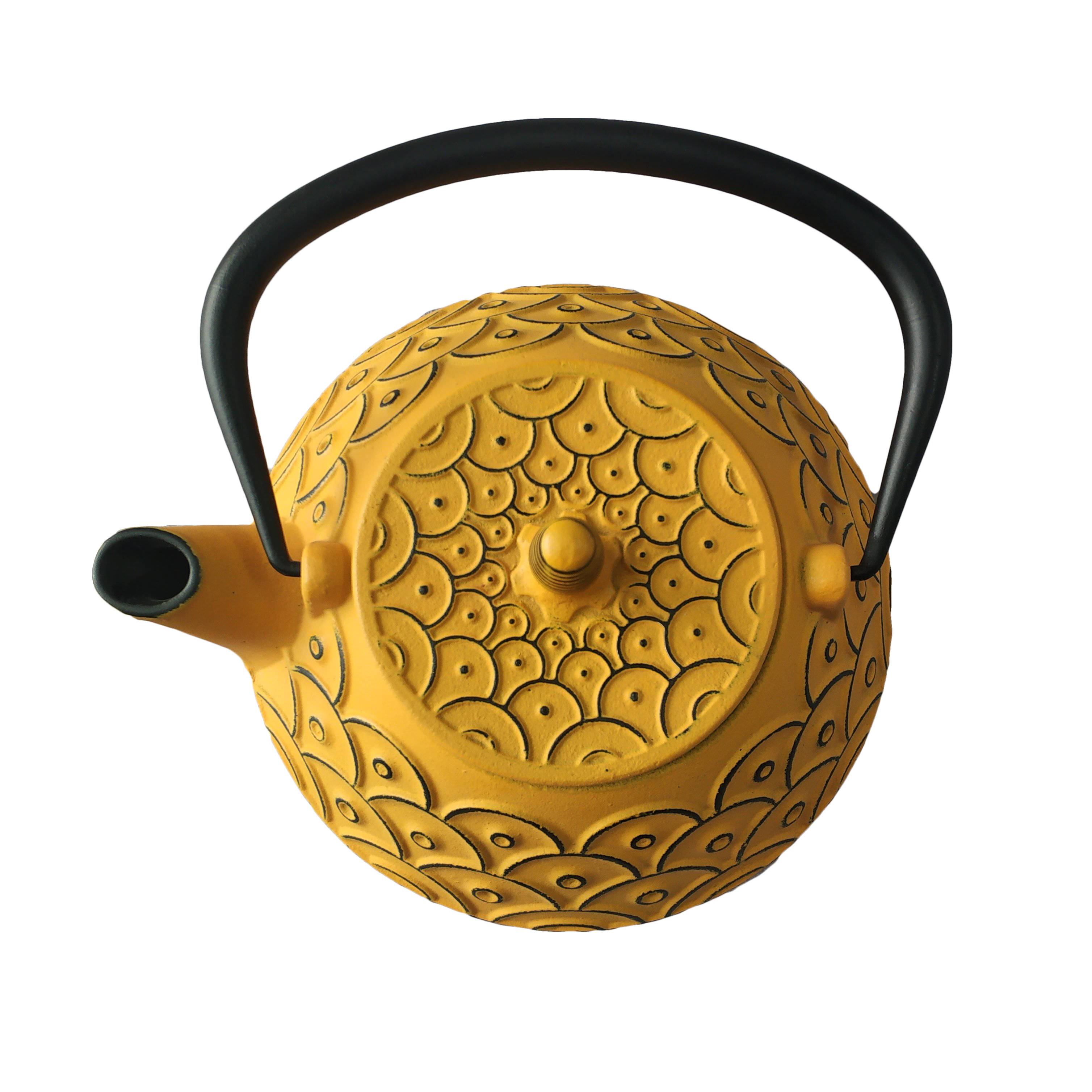 0.8L best wholesale Eurofins approved yellow color enamel tetsubin cast iron kettle teapot with S/S Infuser