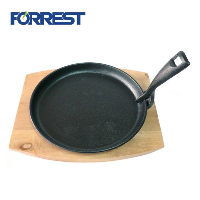 Round Cast iron pre-seasoned  dish cookware frying pan/fryer pans With Wooden Base Tary FDA,LEGB,Eurofins approved