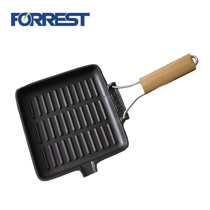 Hot Sale Cast Iron Steak Frying Pan Square Gril Dishl Pan With Removable Wooden  Handle